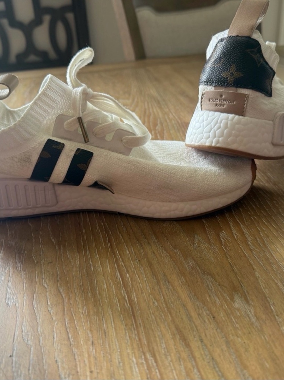 adidas White Knit Athletic Sneakers with Brown Heel Accent